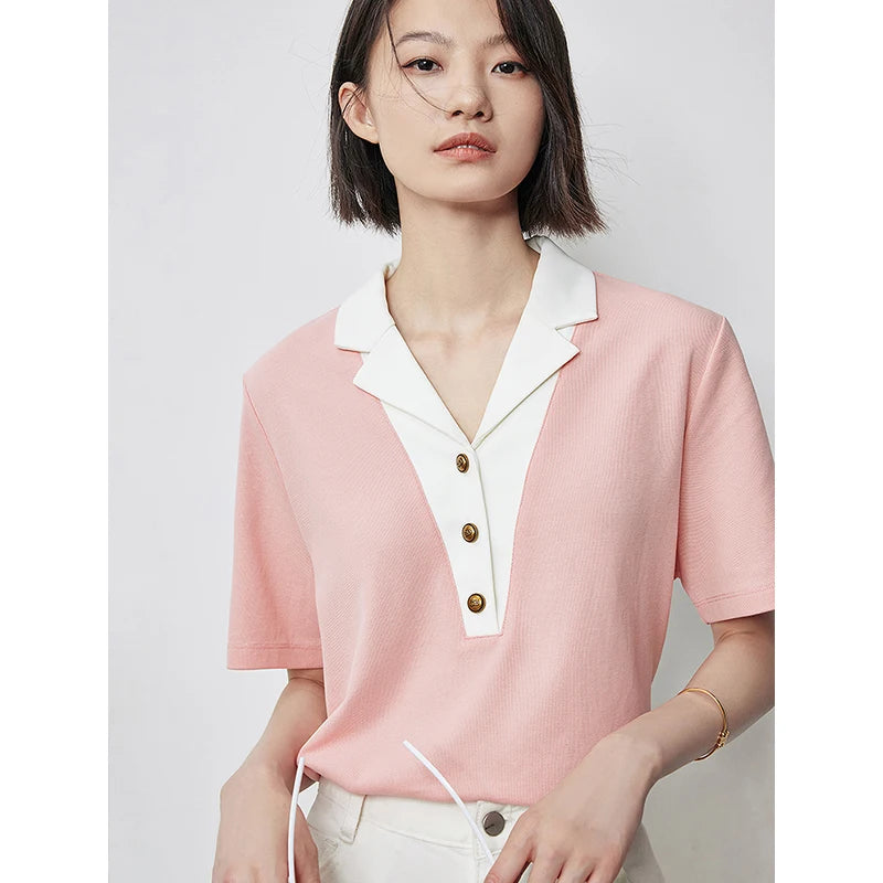 Women Contrasting Colors POLO Collar T-shirt 2024