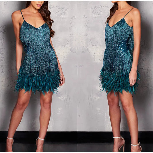 New Sexy Tassel Sequins Feather Mini Dress