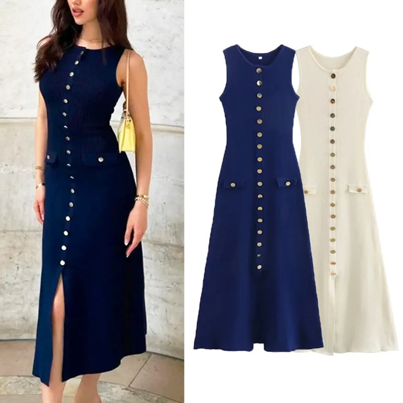 Knitted Midi Women Dress Sleeveless New O-Neck Fashion Casual Elegant Knit